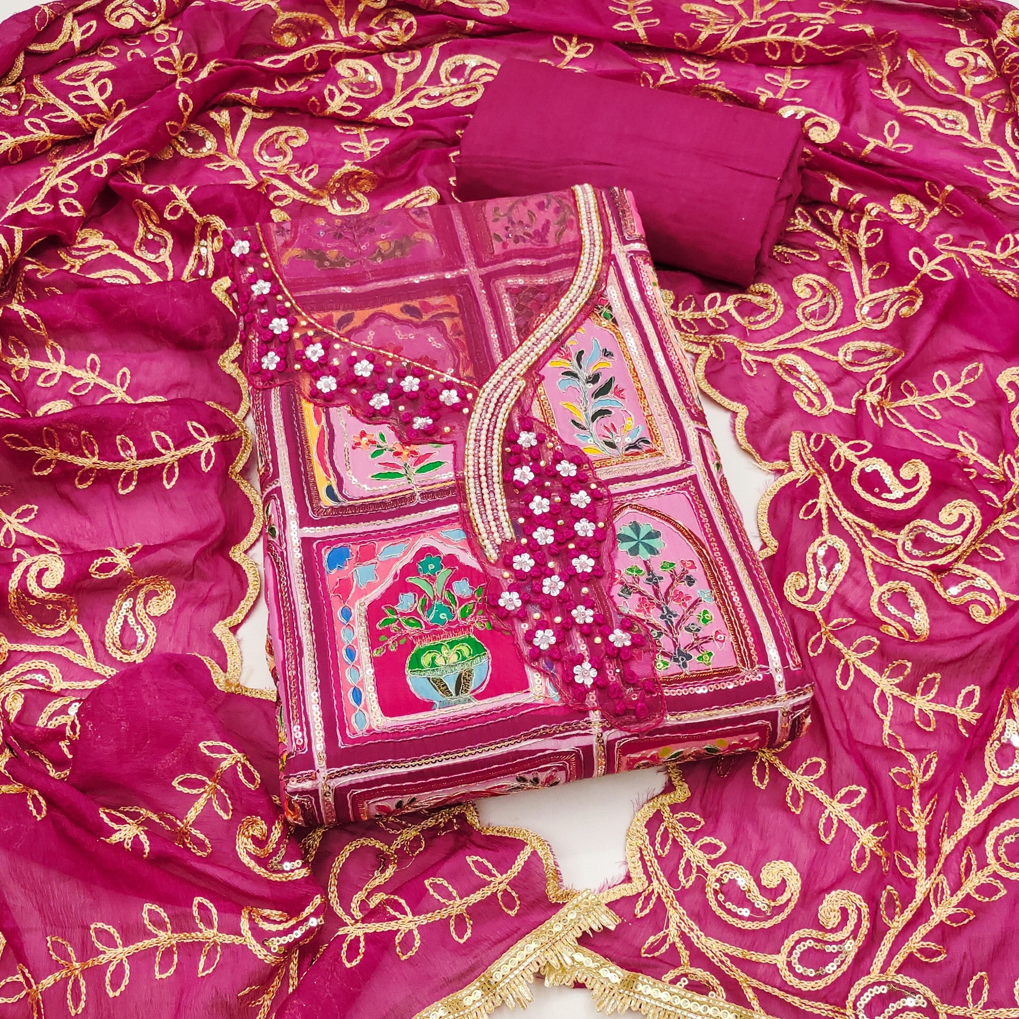 Elegant Pink Floral Embroidered Viscose Dress Material Adorned With Sequins & Moti Handwork - Image 1