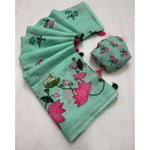 Luxurious Sea Green Pichwai Printed Linen Cotton Saree with Decorative Fancy Latkan Pallu - Image 2