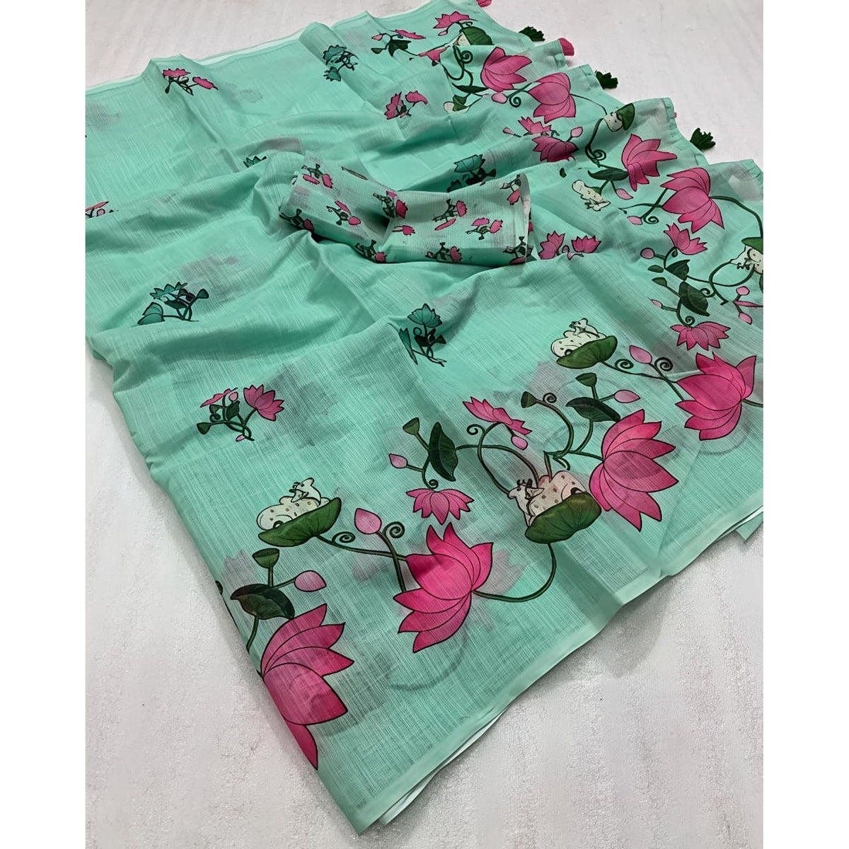 Luxurious Sea Green Pichwai Printed Linen Cotton Saree with Decorative Fancy Latkan Pallu - Image 5