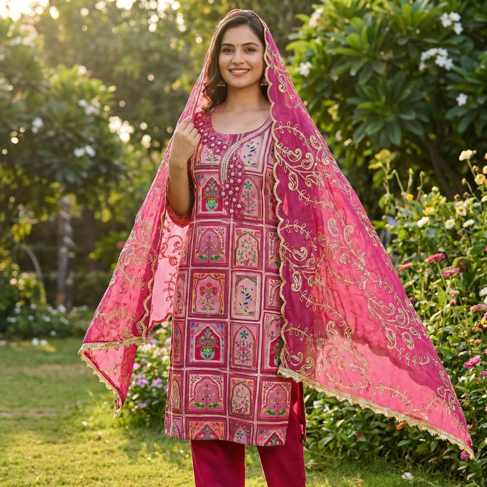 Elegant Pink Floral Embroidered Viscose Dress Material Adorned With Sequins & Moti Handwork - Image 2