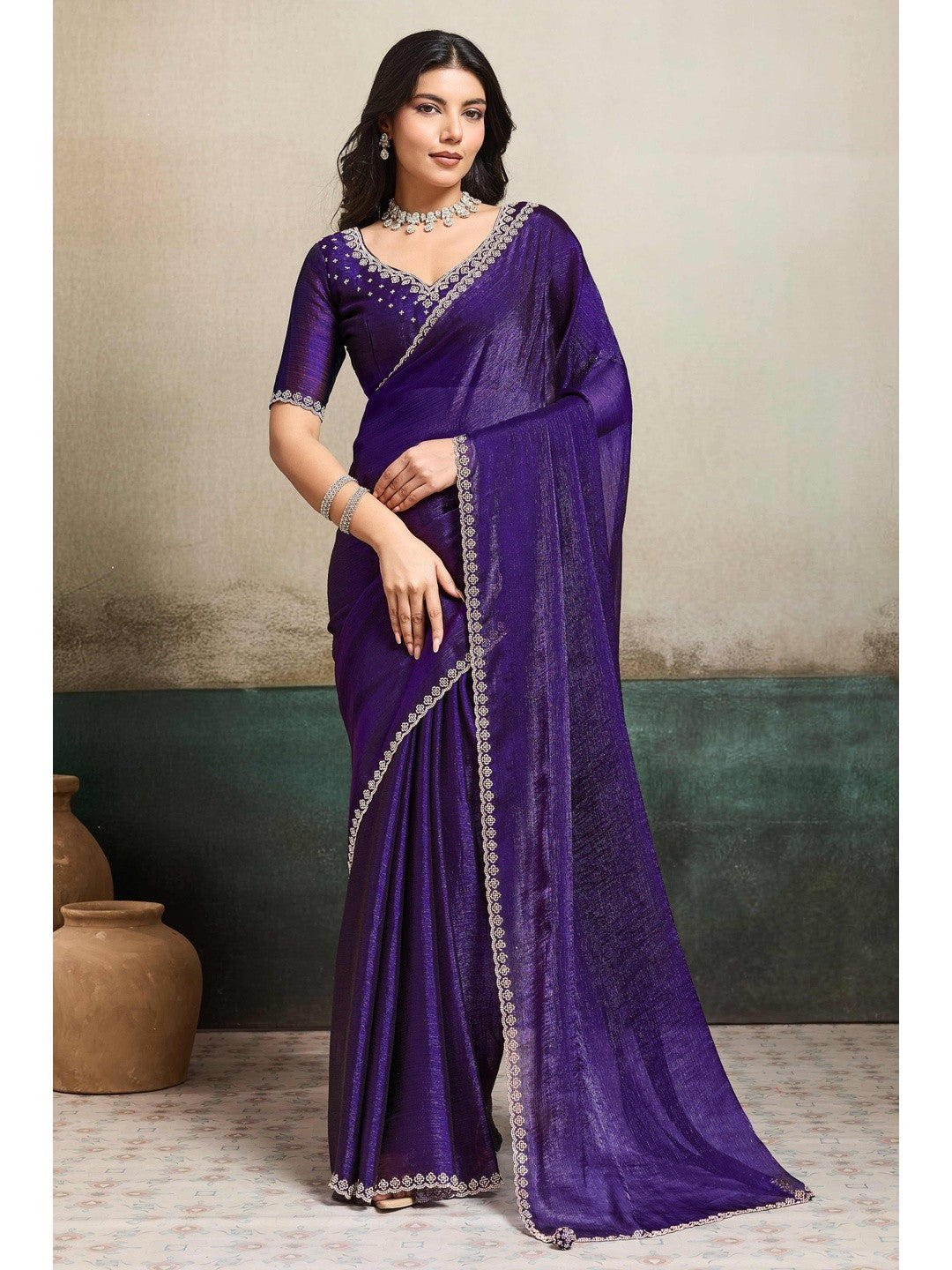 Elegant Royal Purple Solid Organza Chiffon Silk Saree Highlighted With Jarkan Work Border - Image 1