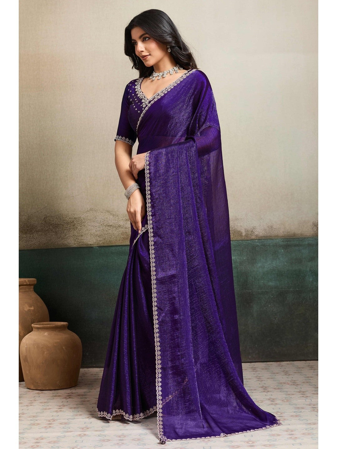 Elegant Royal Purple Solid Organza Chiffon Silk Saree Highlighted With Jarkan Work Border - Image 3