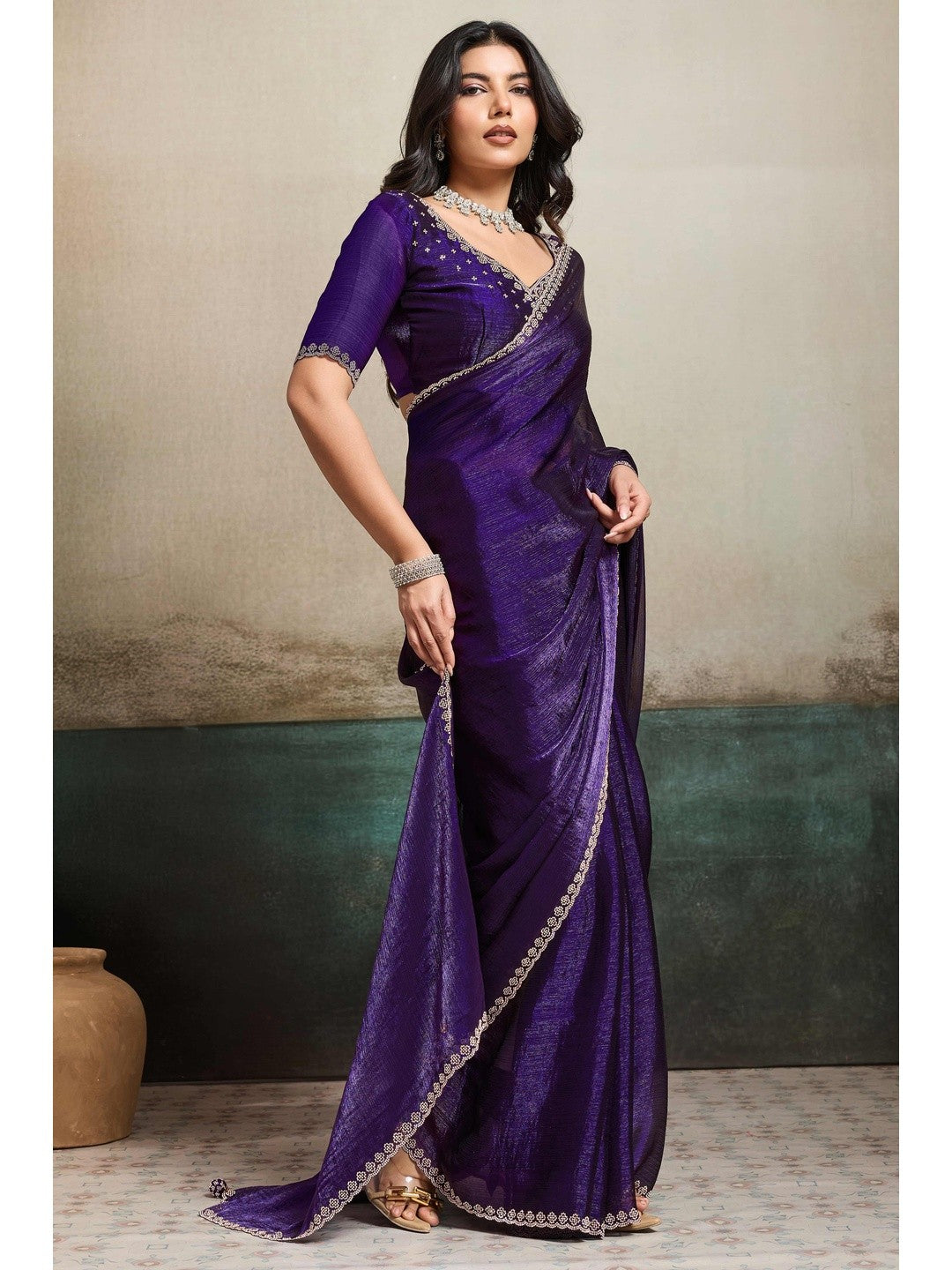 Elegant Royal Purple Solid Organza Chiffon Silk Saree Highlighted With Jarkan Work Border - Image 4