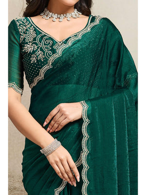 Elegant Bottle Green Solid Organza Chiffon Silk Saree Highlighted With Jarkan Work Border - Image 2