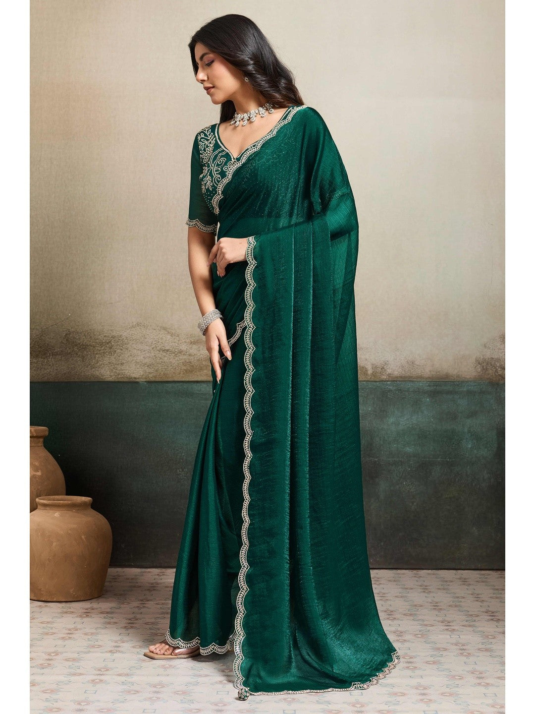 Elegant Bottle Green Solid Organza Chiffon Silk Saree Highlighted With Jarkan Work Border - Image 3