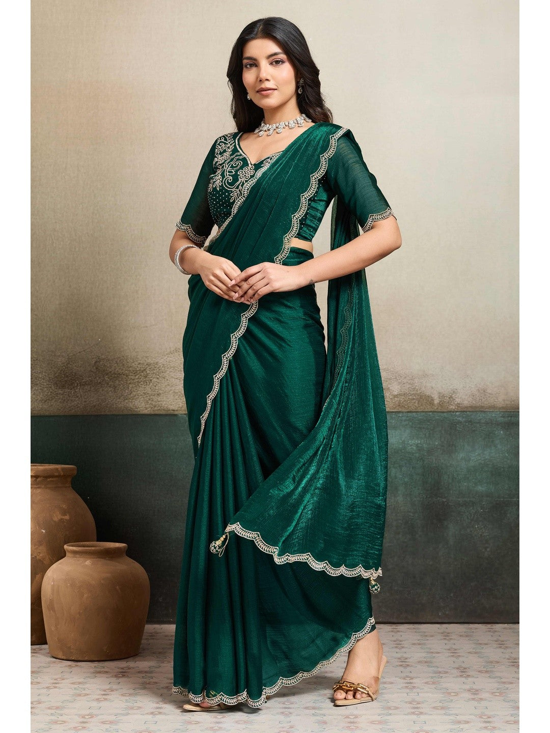 Elegant Bottle Green Solid Organza Chiffon Silk Saree Highlighted With Jarkan Work Border - Image 4