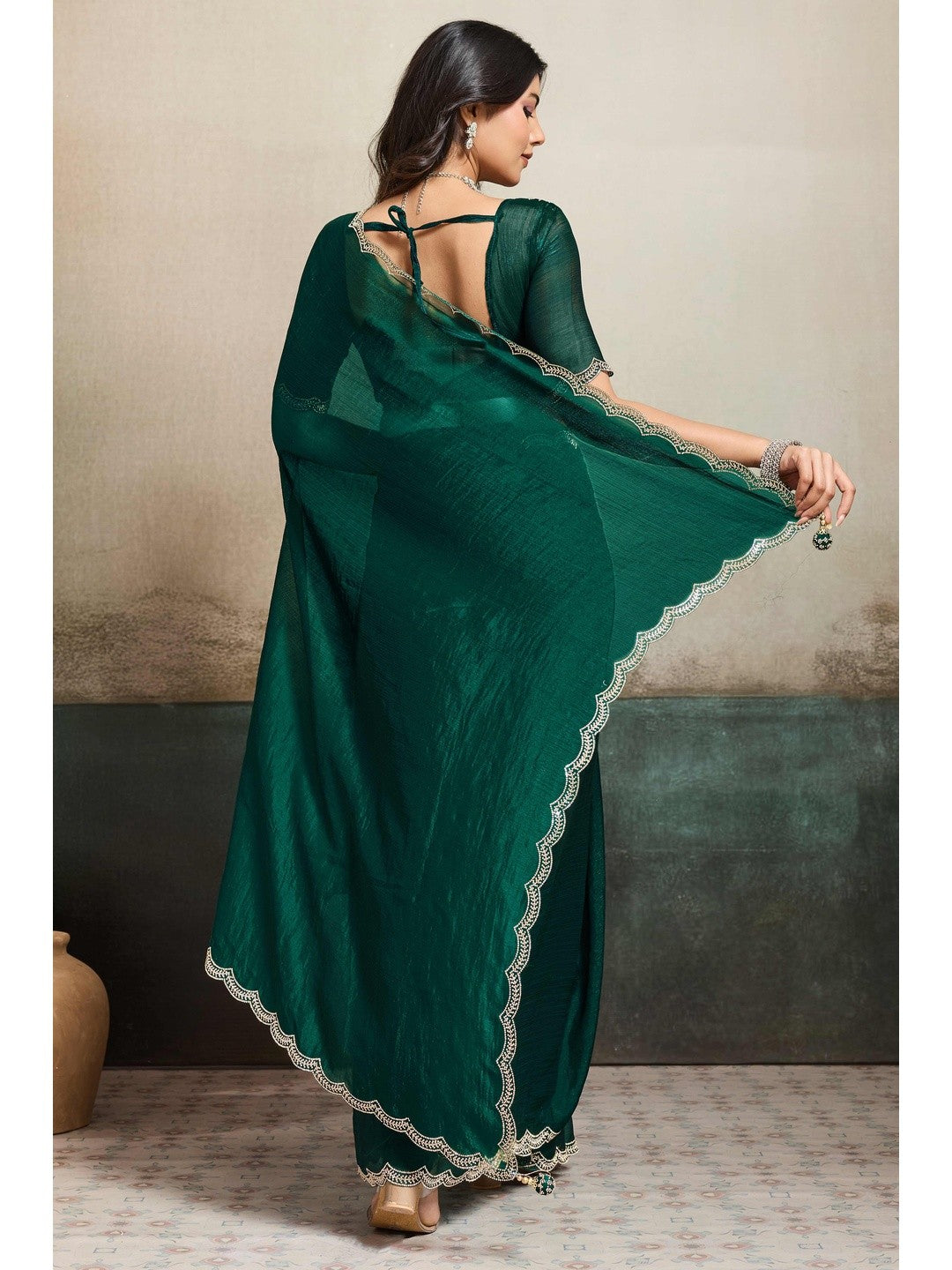 Elegant Bottle Green Solid Organza Chiffon Silk Saree Highlighted With Jarkan Work Border - Image 5