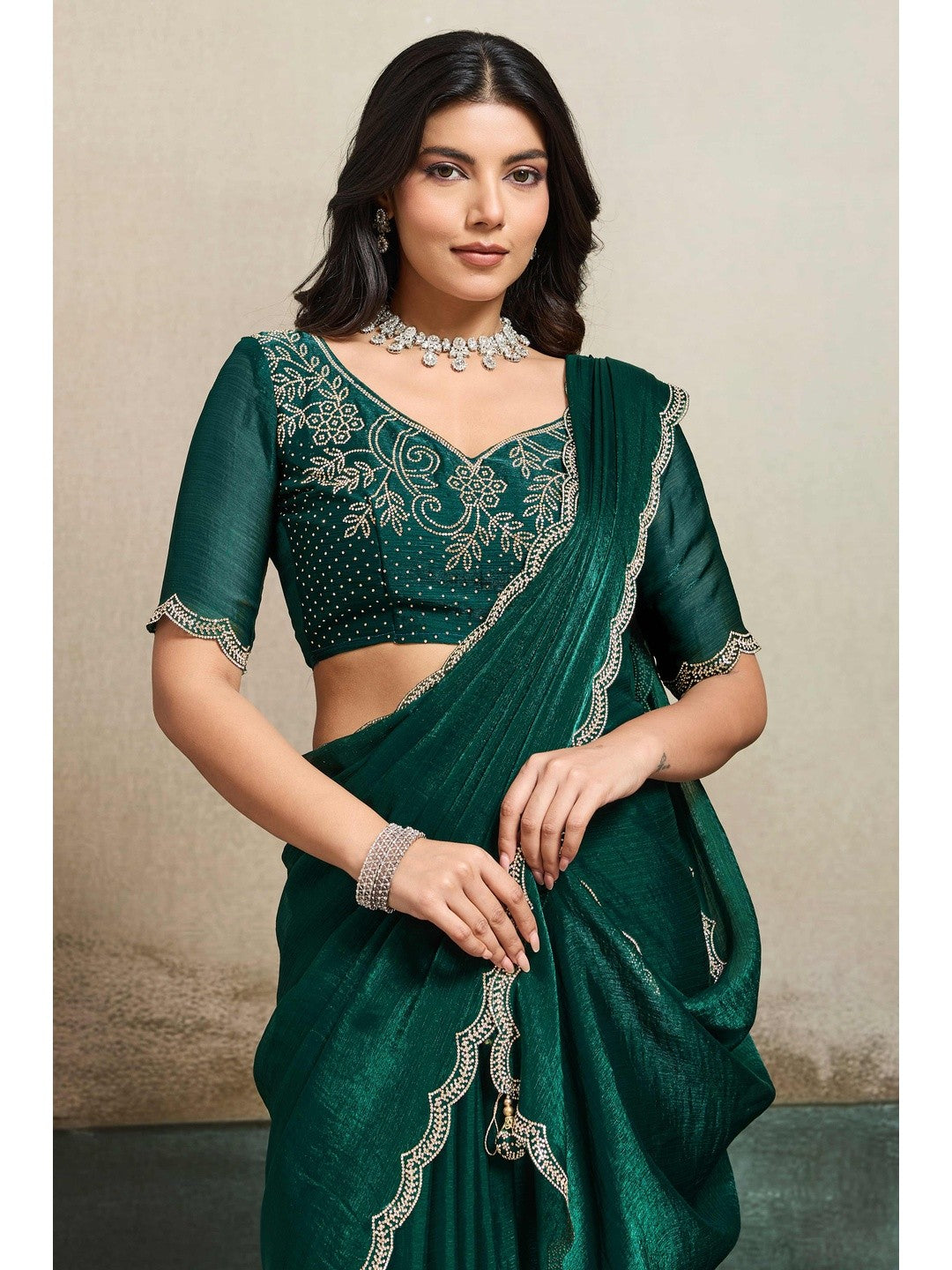 Elegant Bottle Green Solid Organza Chiffon Silk Saree Highlighted With Jarkan Work Border - Image 6