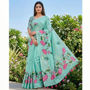 Luxurious Sea Green Pichwai Printed Linen Cotton Saree with Decorative Fancy Latkan Pallu - Image 1