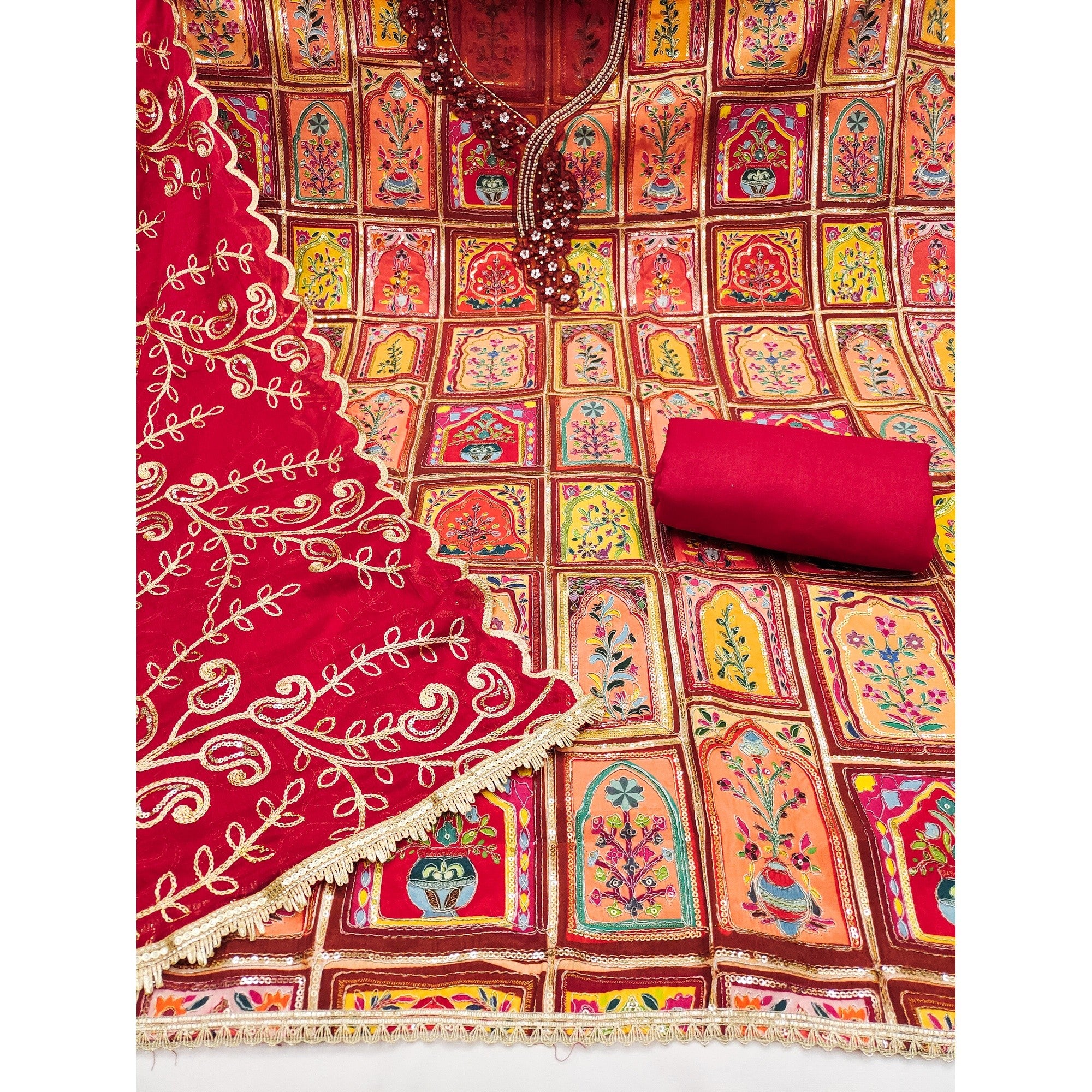 Elegant Red Floral Embroidered Viscose Dress Material Adorned With Sequins & Moti Handwork - Image 3