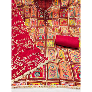 Elegant Red Floral Embroidered Viscose Dress Material Adorned With Sequins & Moti Handwork - Image 2