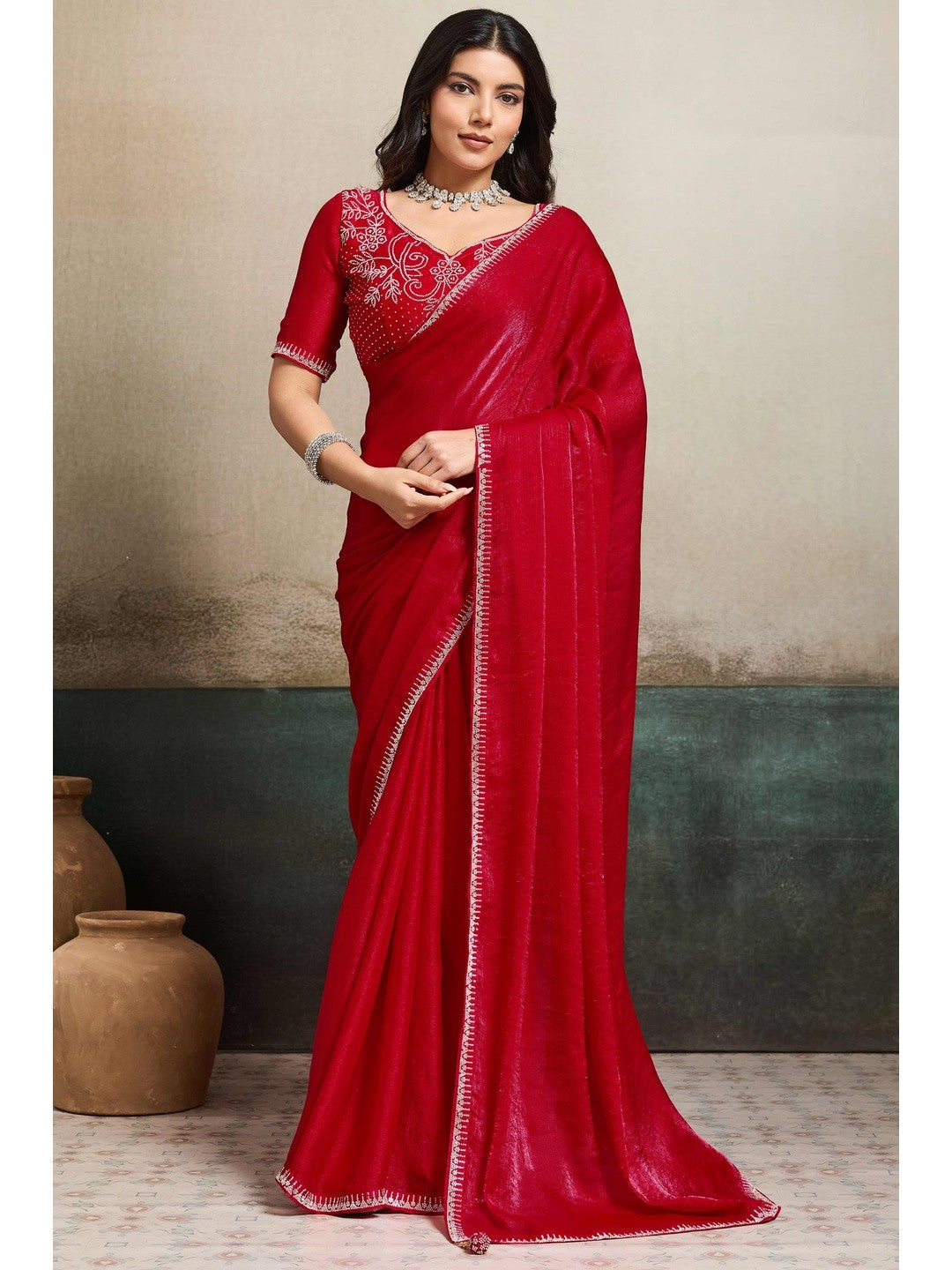 Elegant Crimson Red Solid Organza Chiffon Silk Saree Highlighted With Jarkan Work Border - Image 1