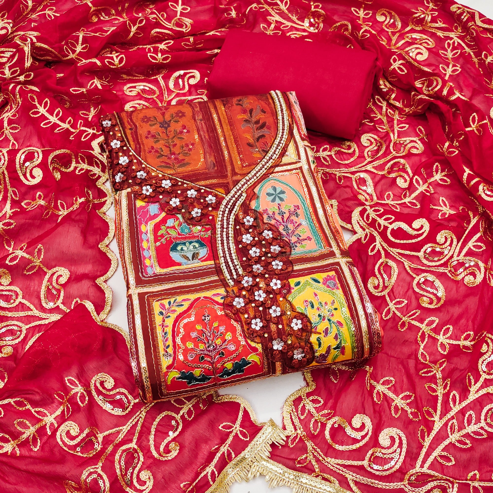 Elegant Red Floral Embroidered Viscose Dress Material Adorned With Sequins & Moti Handwork - Image 1