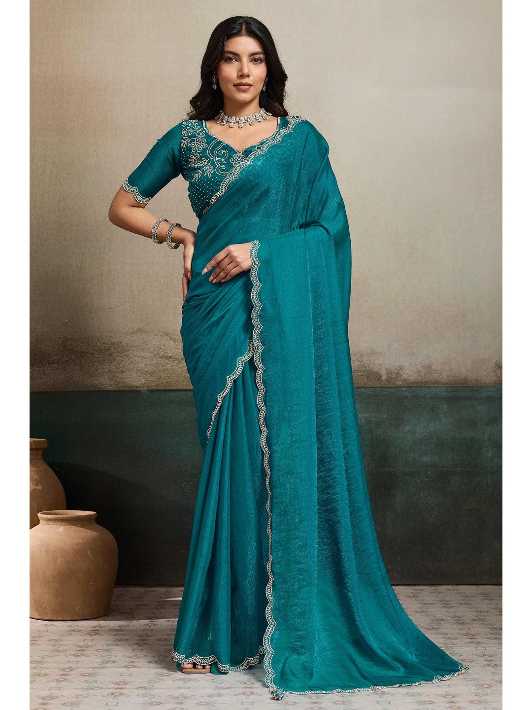 Elegant Dark Teal Solid Organza Chiffon Silk Saree Highlighted With Jarkan Work Border - Image 7