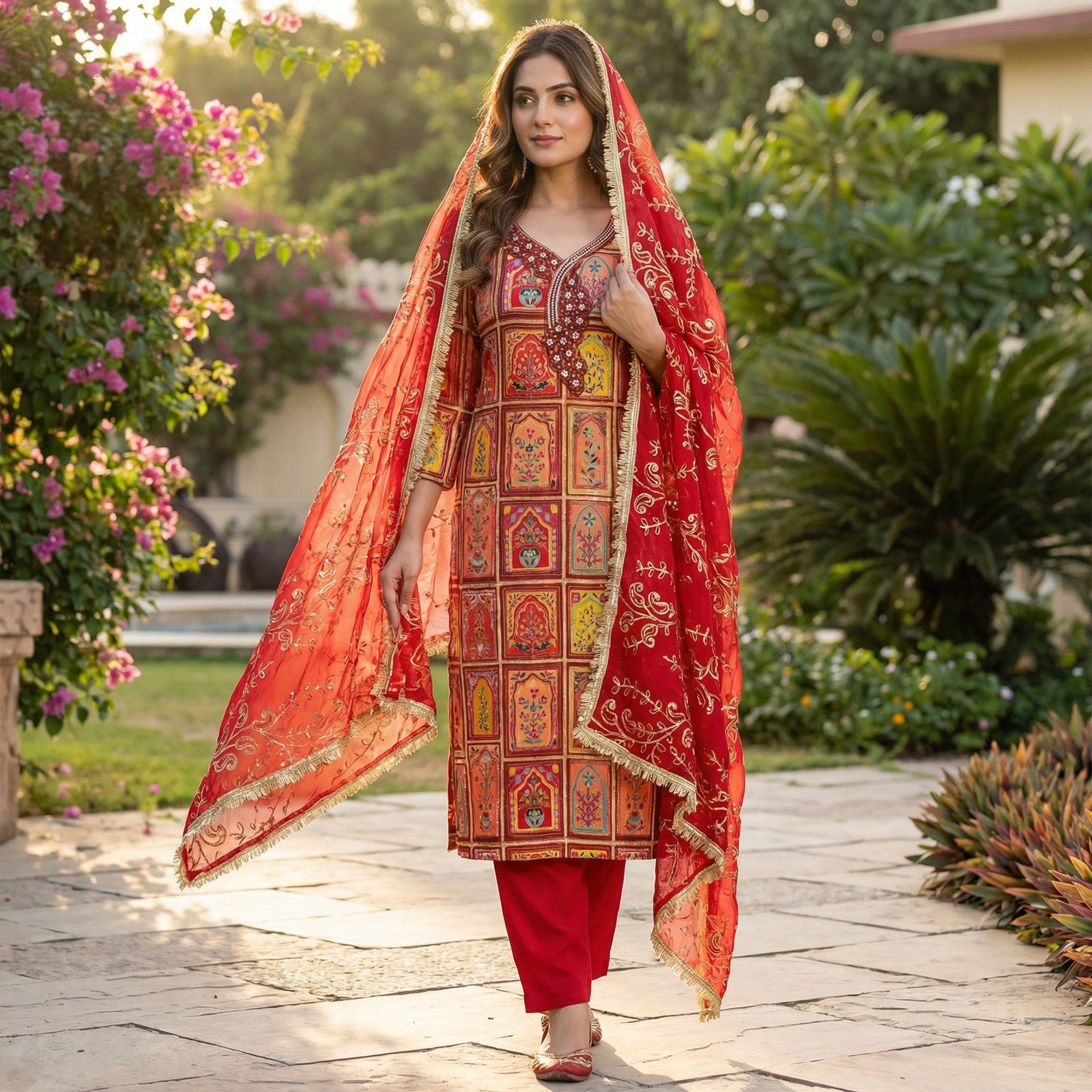 Elegant Red Floral Embroidered Viscose Dress Material Adorned With Sequins & Moti Handwork - Image 2