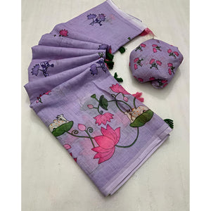 Elegant Lavender Pichwai Printed Linen Saree with Tassel Details - Image 2