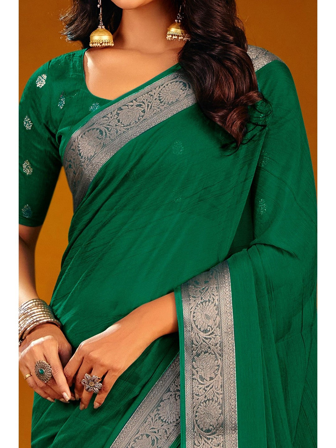 Luxurious Green Solid Chiffon Saree Enhanced By Floral Weaving Jacquard Border - Image 2