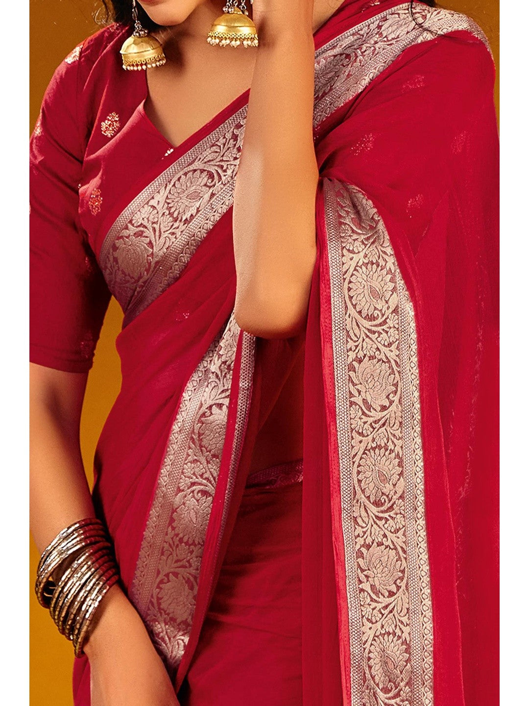 Luxurious Red Solid Chiffon Saree Enhanced By Floral Weaving Jacquard Border - Image 2