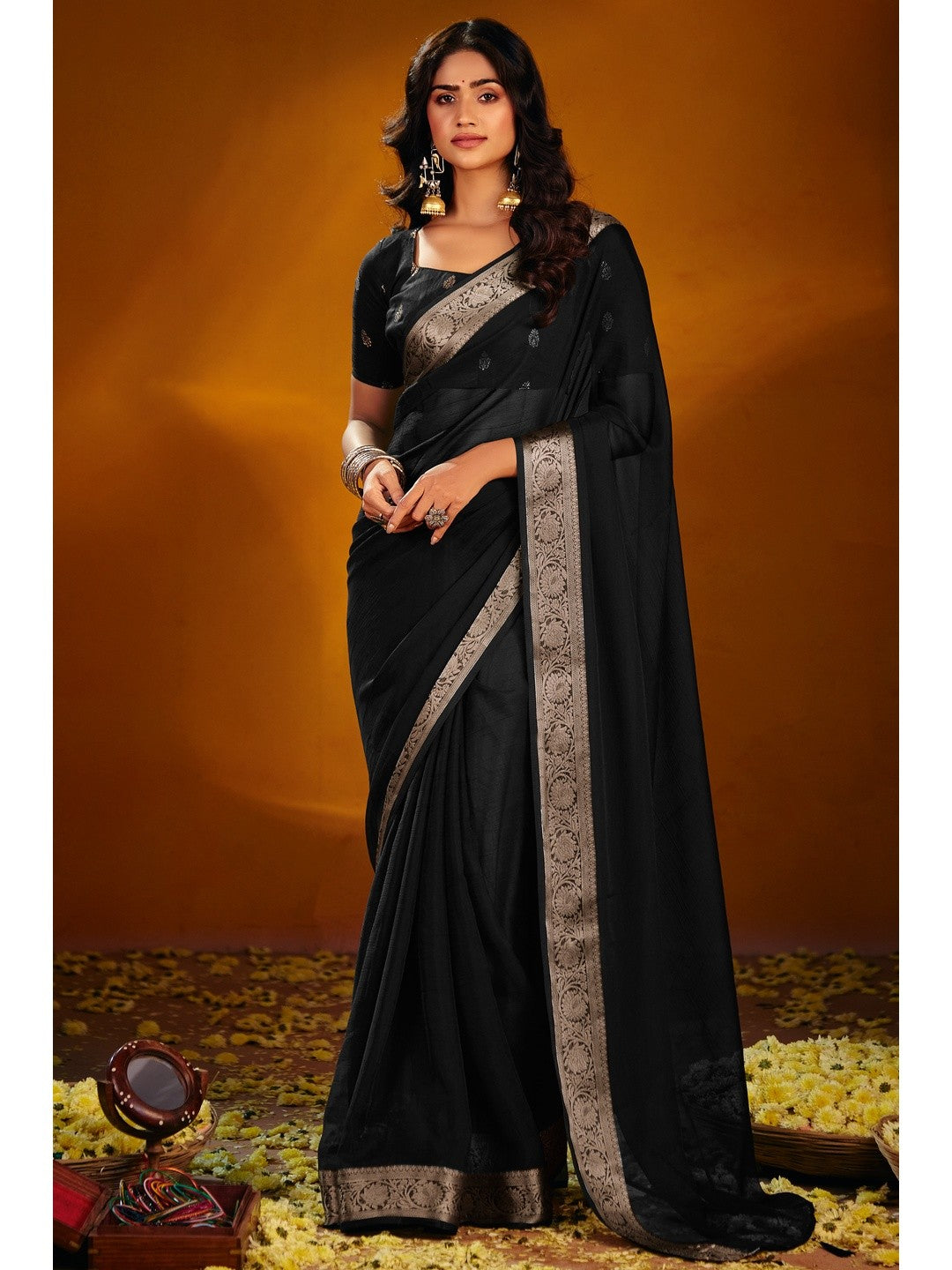 Luxurious Black Solid Chiffon Saree Enhanced By Floral Weaving Jacquard Border - Image 1