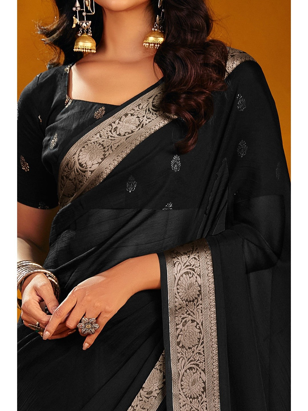 Luxurious Black Solid Chiffon Saree Enhanced By Floral Weaving Jacquard Border - Image 2