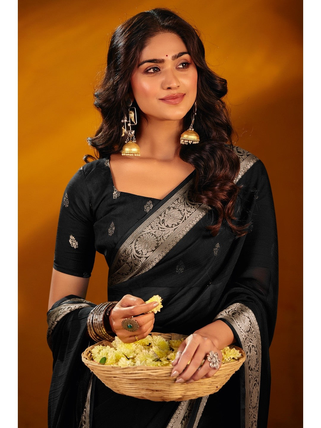 Luxurious Black Solid Chiffon Saree Enhanced By Floral Weaving Jacquard Border - Image 3