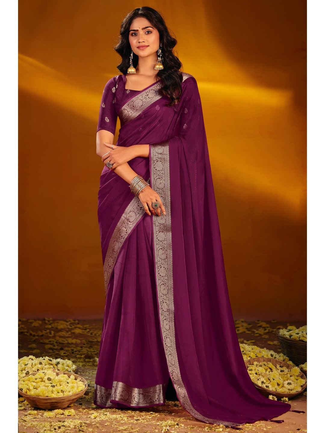 Luxurious Wine Solid Chiffon Saree Enhanced By Floral Weaving Jacquard Border - Image 1