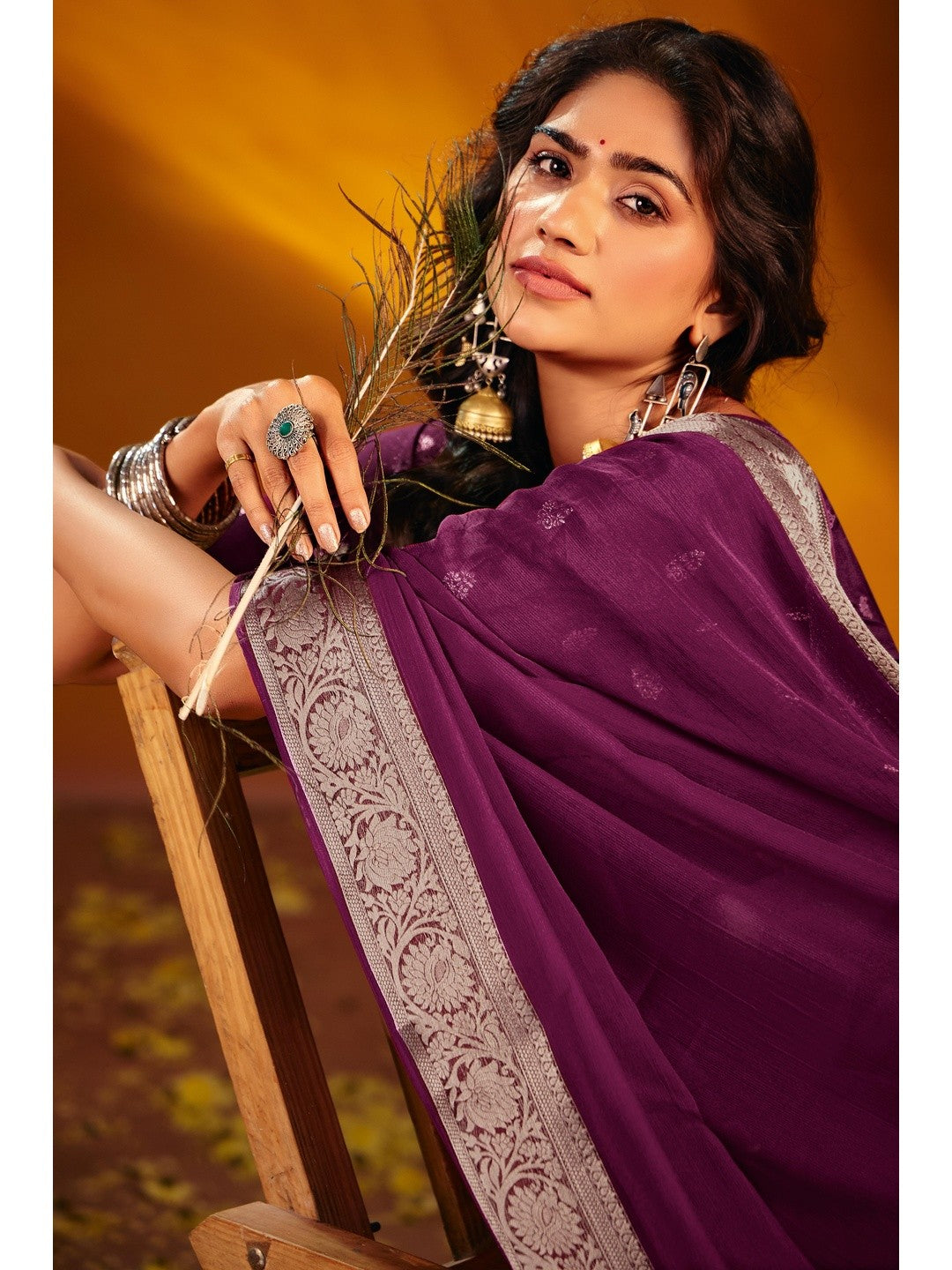 Luxurious Wine Solid Chiffon Saree Enhanced By Floral Weaving Jacquard Border - Image 2