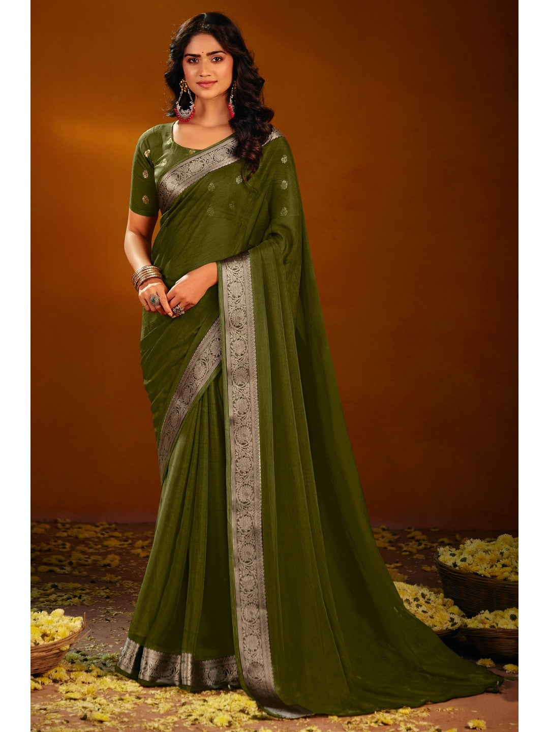 Luxurious Mehendi Green Solid Chiffon Saree Enhanced By Floral Weaving Jacquard Border - Image 1