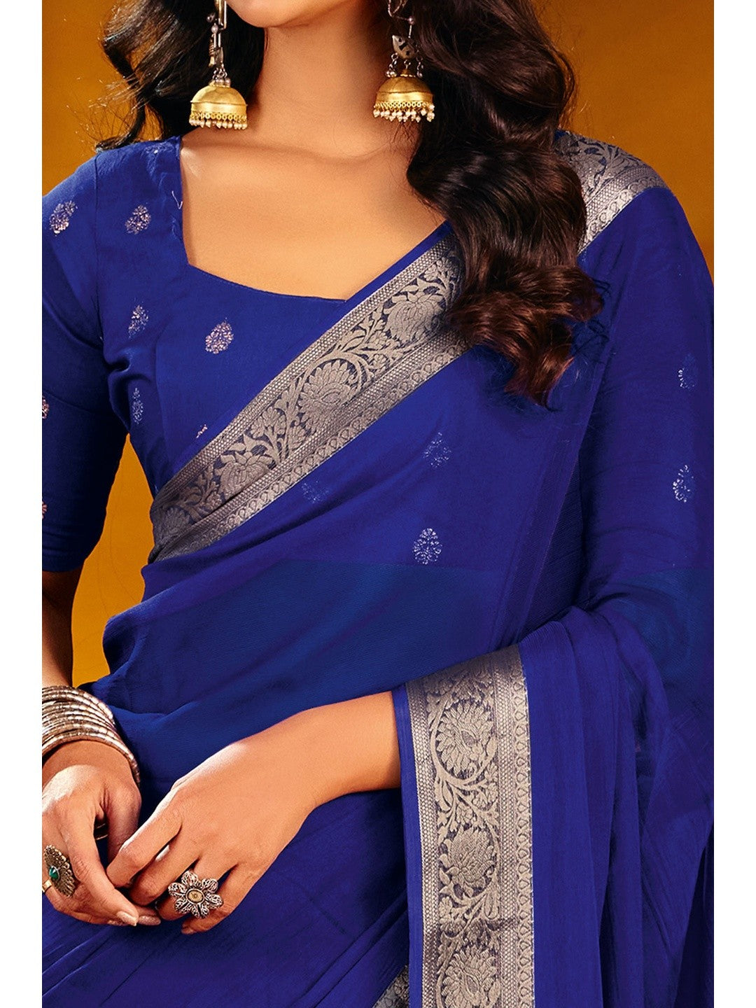 Luxurious Royal Blue Solid Chiffon Saree Enhanced By Floral Weaving Jacquard Border - Image 2