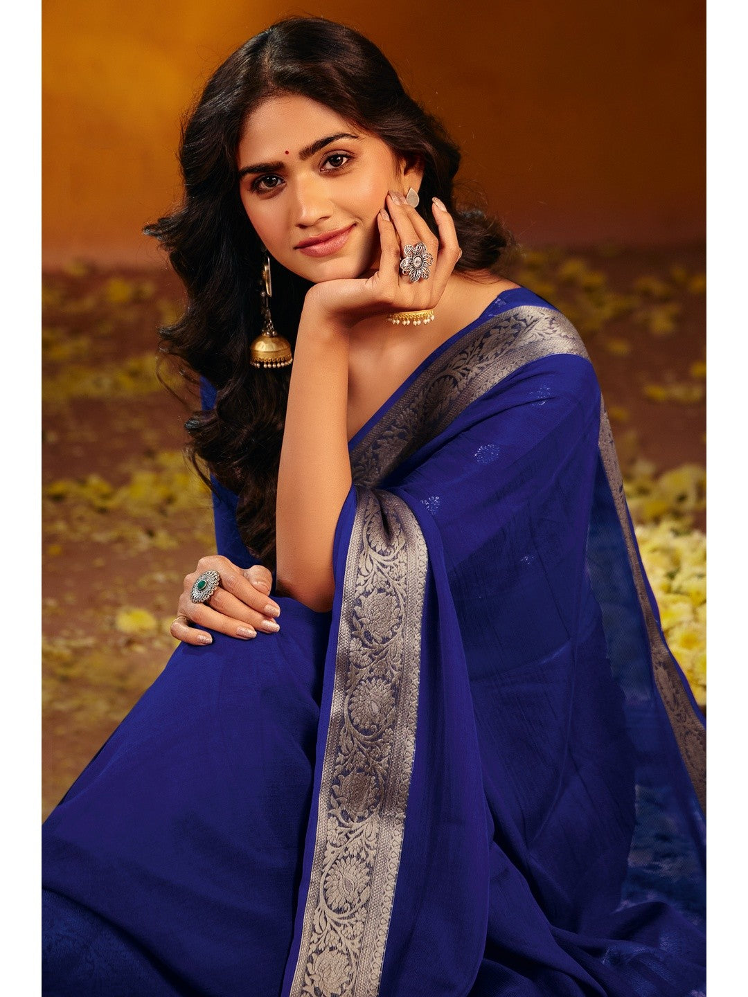 Luxurious Royal Blue Solid Chiffon Saree Enhanced By Floral Weaving Jacquard Border - Image 3