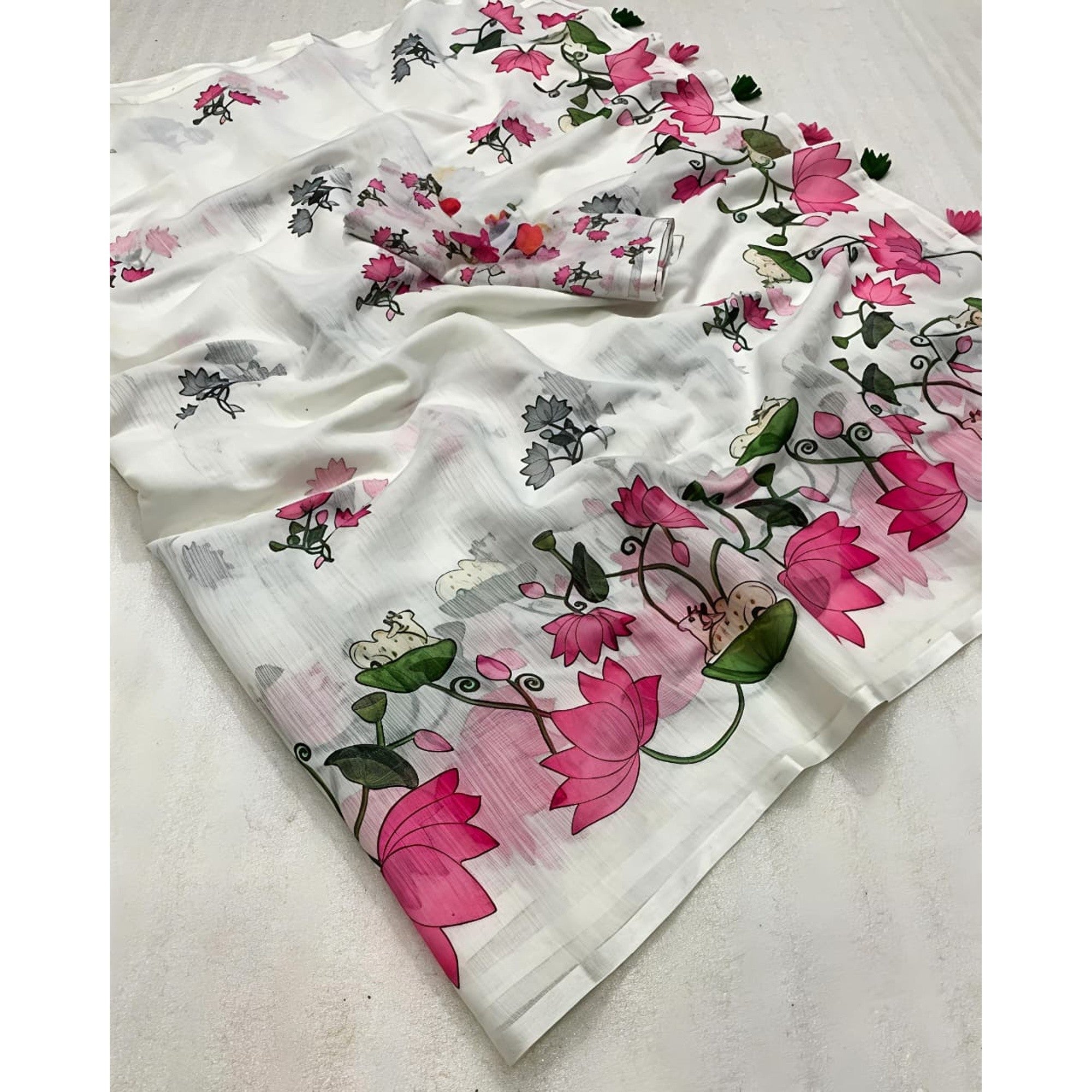 Elegant White Linen Saree with Pichwai Lotus Print and Tassel Detail - Image 3