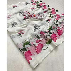 Elegant White Linen Saree with Pichwai Lotus Print and Tassel Detail - Image 3