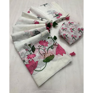 Elegant White Linen Saree with Pichwai Lotus Print and Tassel Detail - Image 2