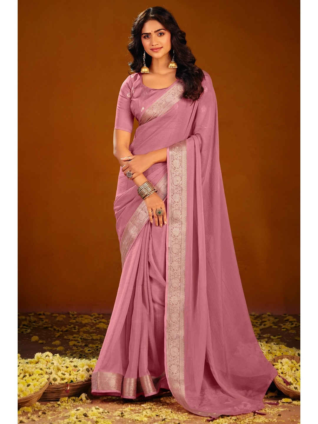 Luxurious Pink Solid Chiffon Saree Enhanced By Floral Weaving Jacquard Border - Image 1