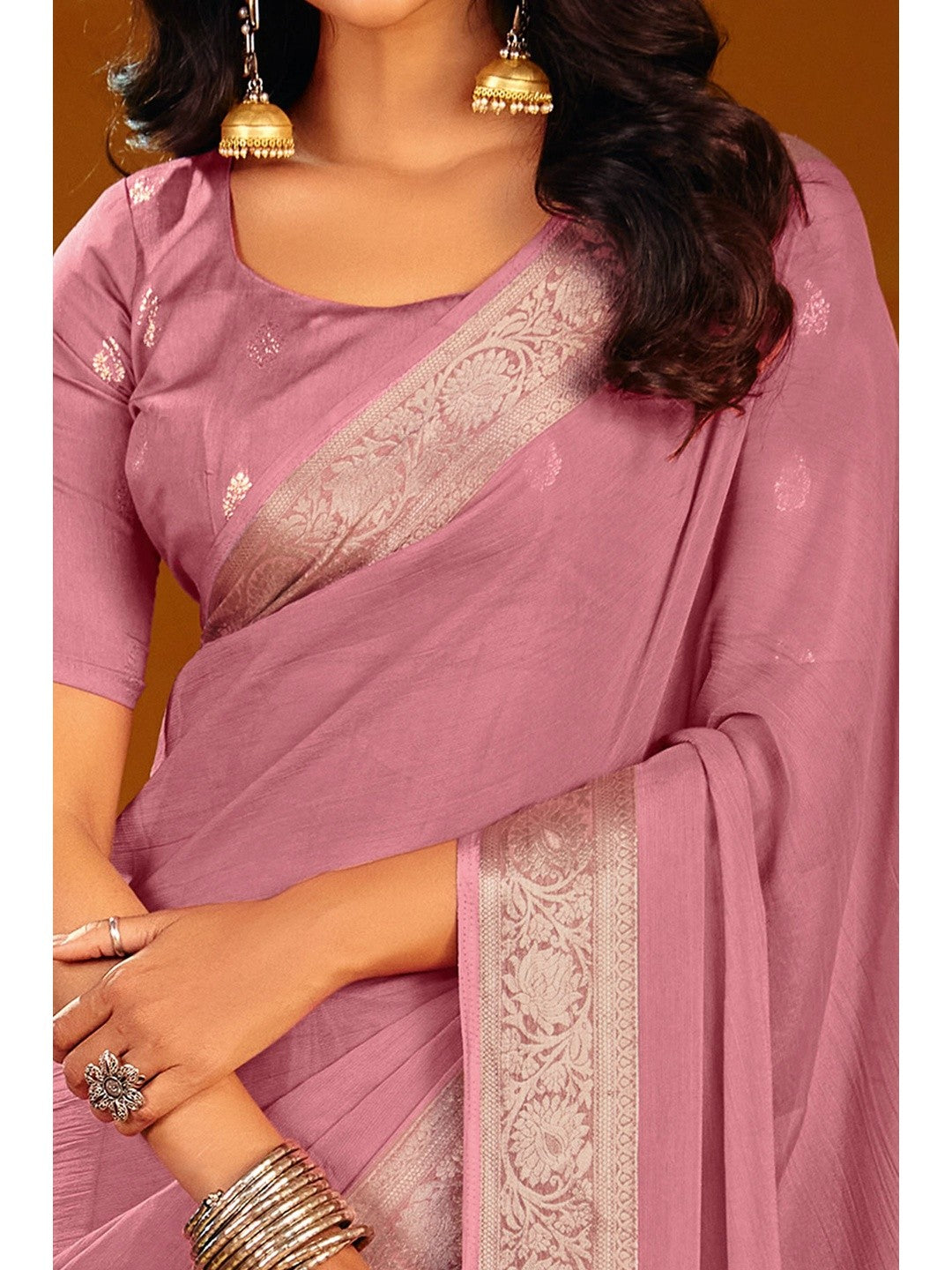 Luxurious Pink Solid Chiffon Saree Enhanced By Floral Weaving Jacquard Border - Image 3