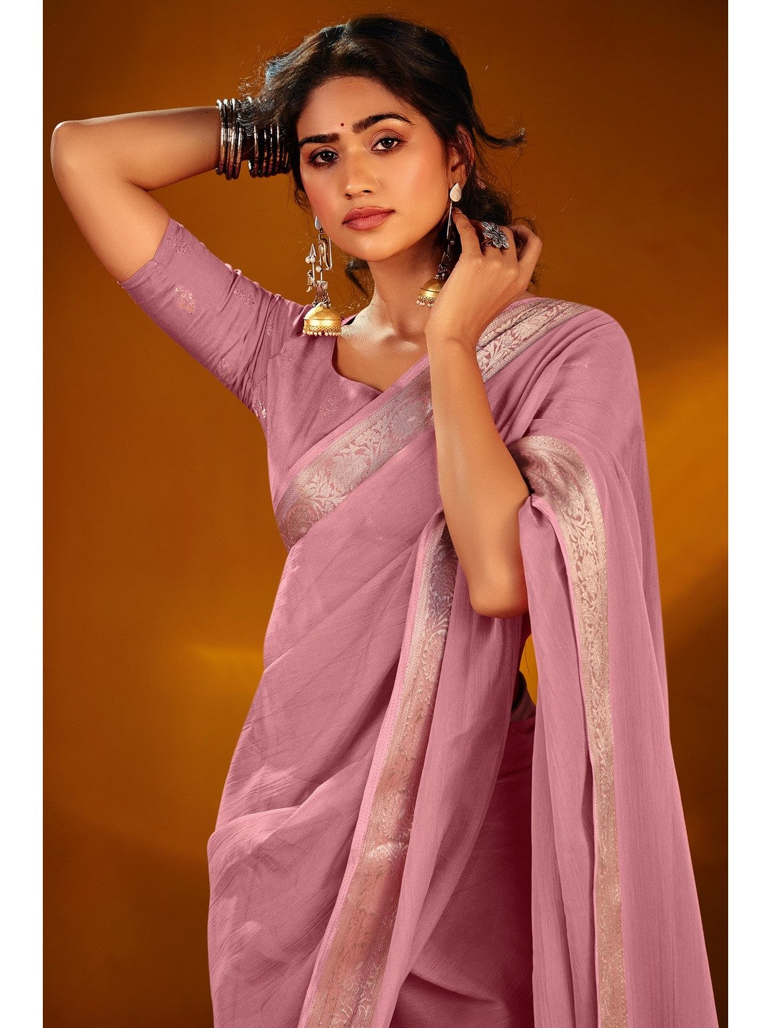 Luxurious Pink Solid Chiffon Saree Enhanced By Floral Weaving Jacquard Border - Image 3