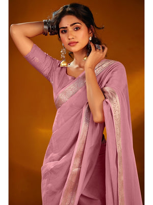 Luxurious Pink Solid Chiffon Saree Enhanced By Floral Weaving Jacquard Border - Image 2