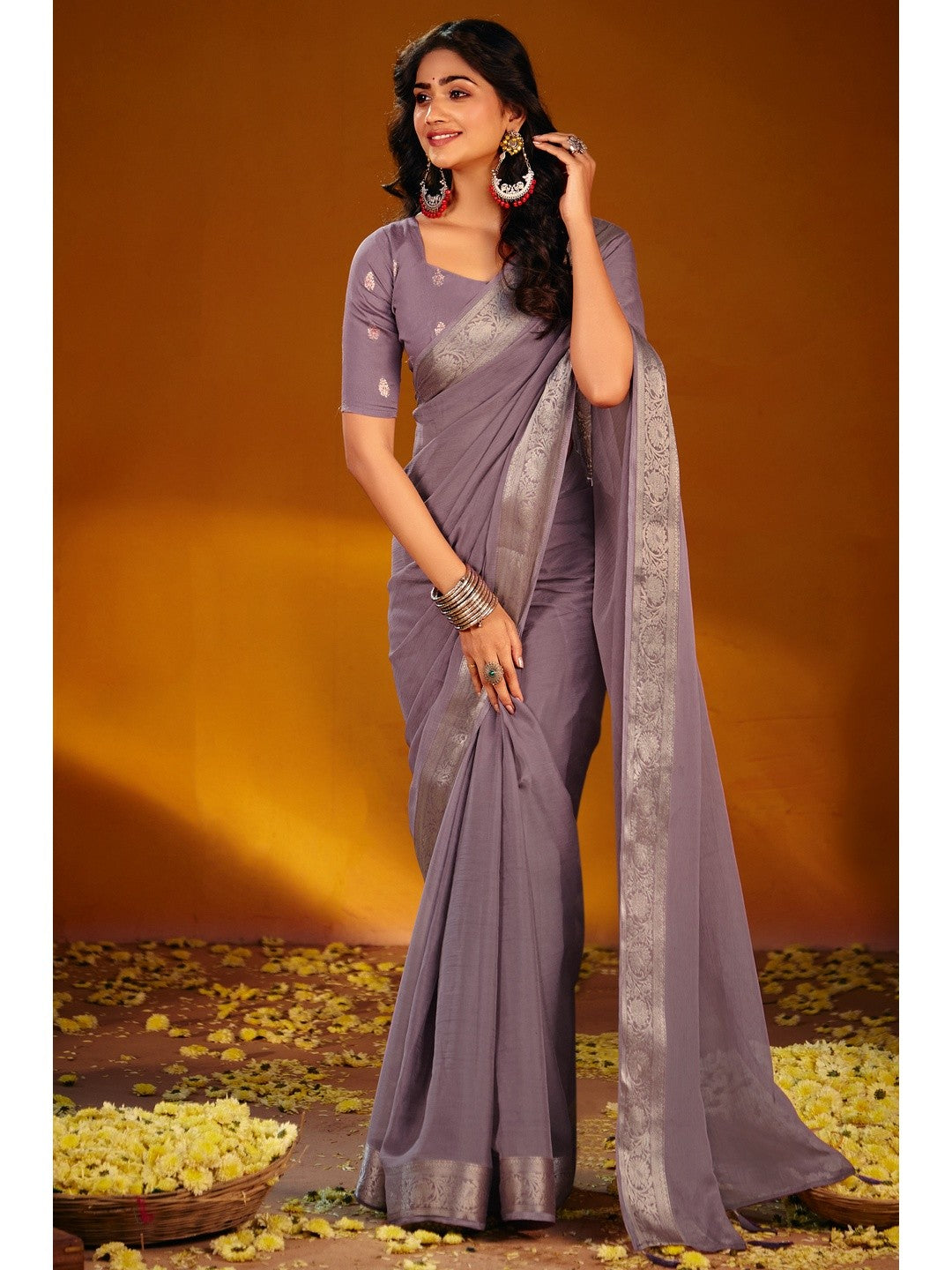 Luxurious Lavender Solid Chiffon Saree Enhanced By Floral Weaving Jacquard Border - Image 1