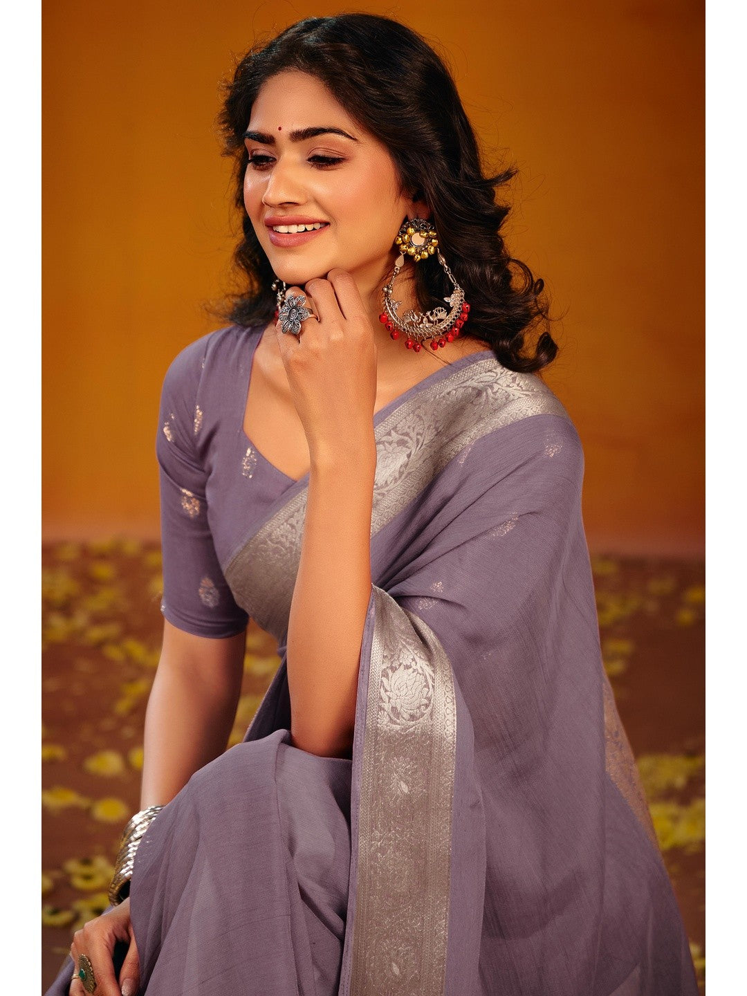 Luxurious Lavender Solid Chiffon Saree Enhanced By Floral Weaving Jacquard Border - Image 3