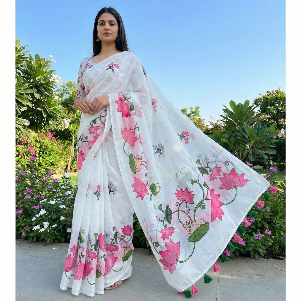 Elegant White Linen Saree with Pichwai Lotus Print and Tassel Detail - Image 5
