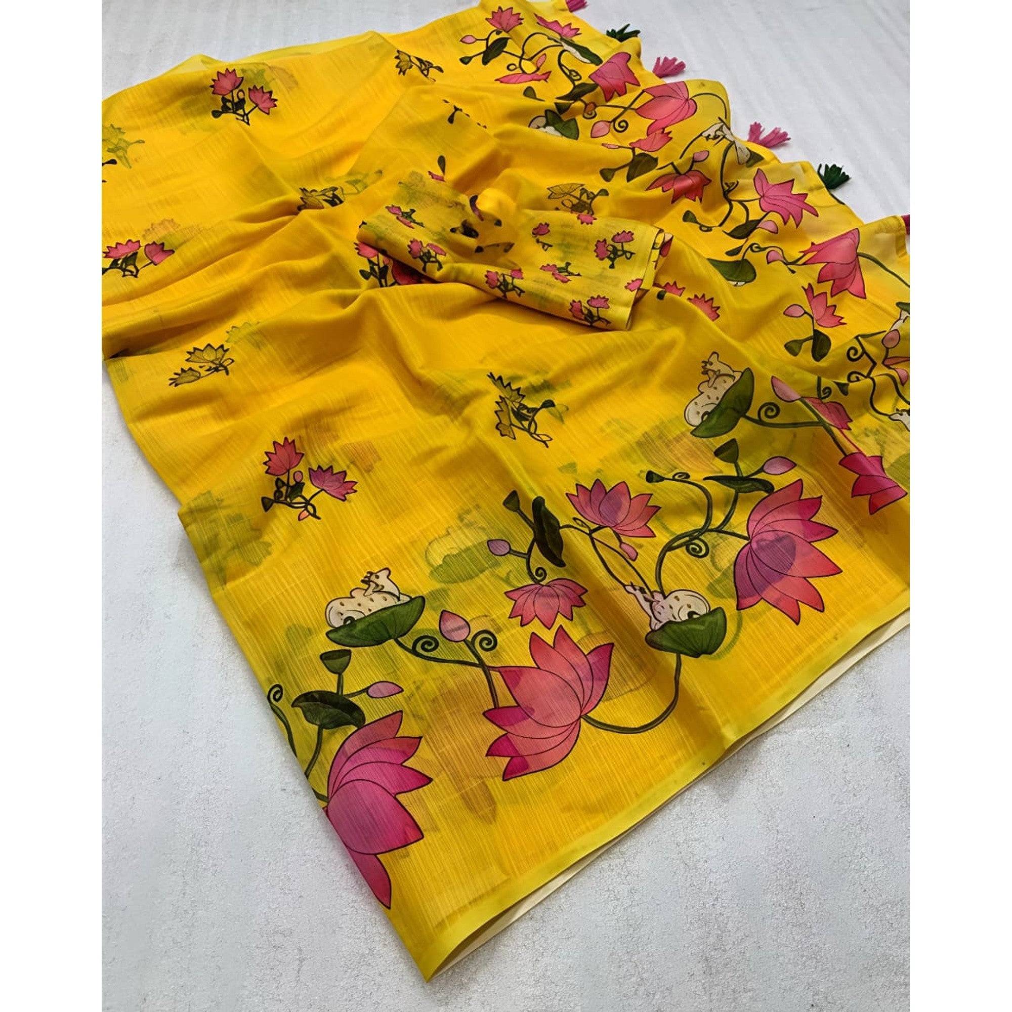Elegant Yellow Pichwai Printed Linen Saree with Tassel Details - Image 2
