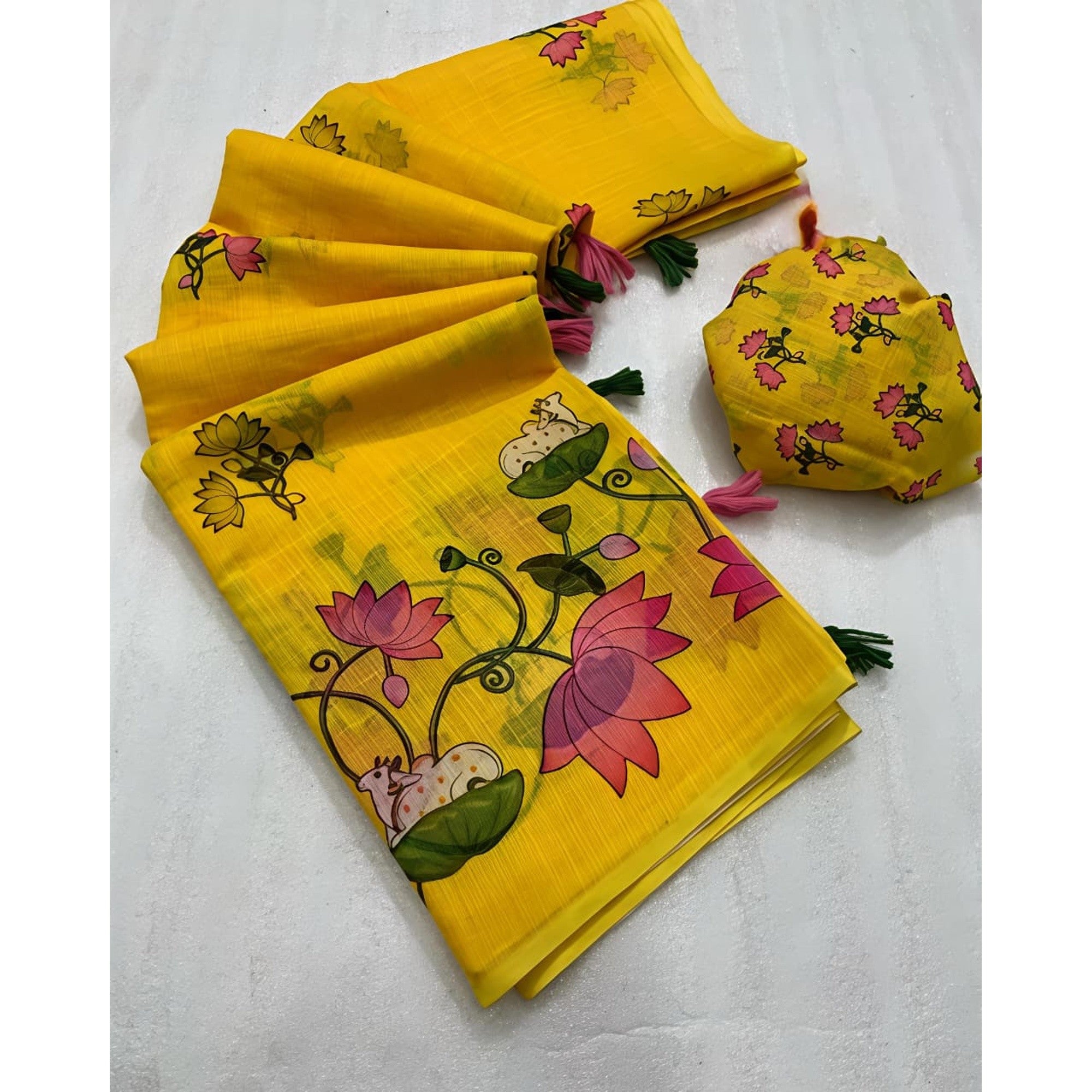 Elegant Yellow Pichwai Printed Linen Saree with Tassel Details - Image 3