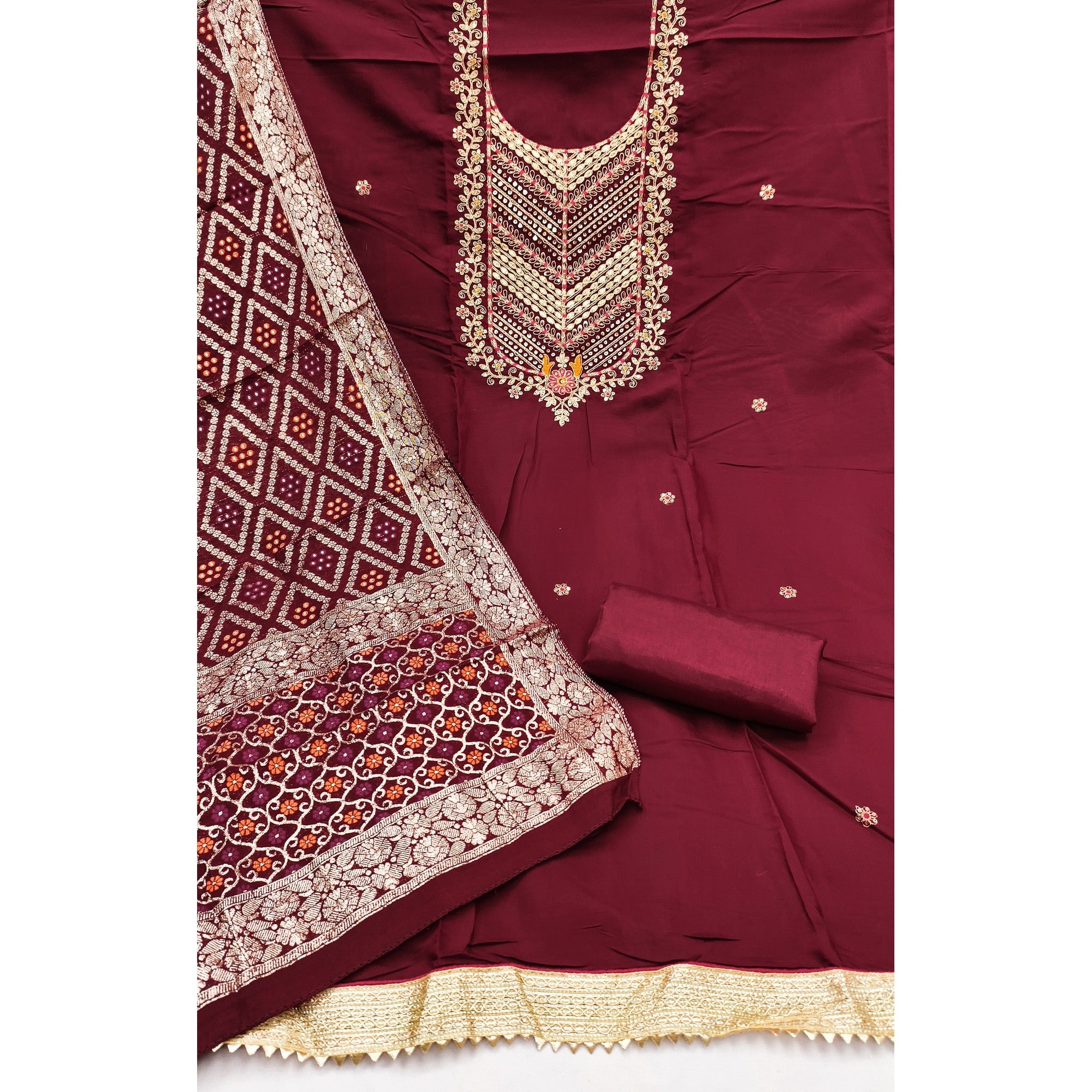 Graceful Maroon Cotton Silk Dress Material With Floral Cording Embroidery & Sparkling Sequins - Image 3