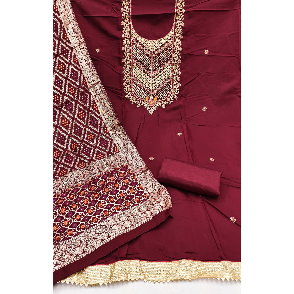 Graceful Maroon Cotton Silk Dress Material With Floral Cording Embroidery & Sparkling Sequins - Image 2