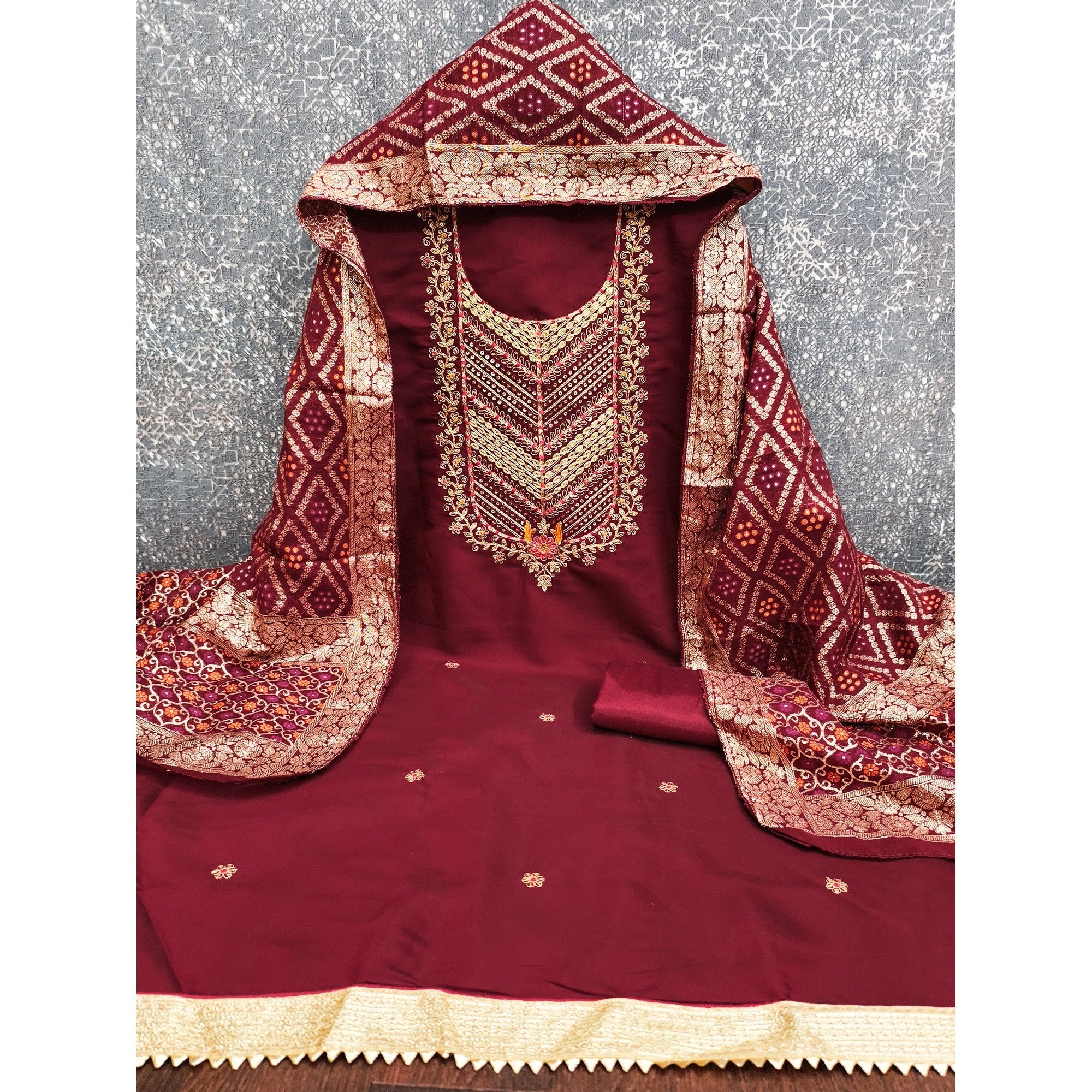 Graceful Maroon Cotton Silk Dress Material With Floral Cording Embroidery & Sparkling Sequins - Image 4