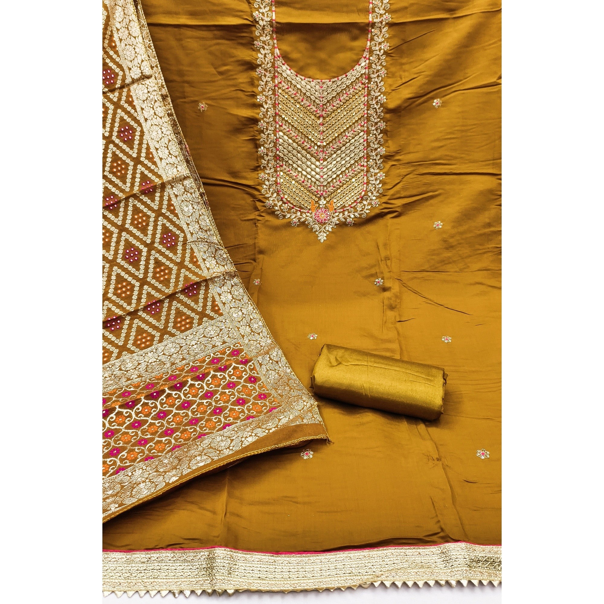Graceful Mustard Cotton Silk Dress Material With Floral Cording Embroidery & Sparkling Sequins - Image 3