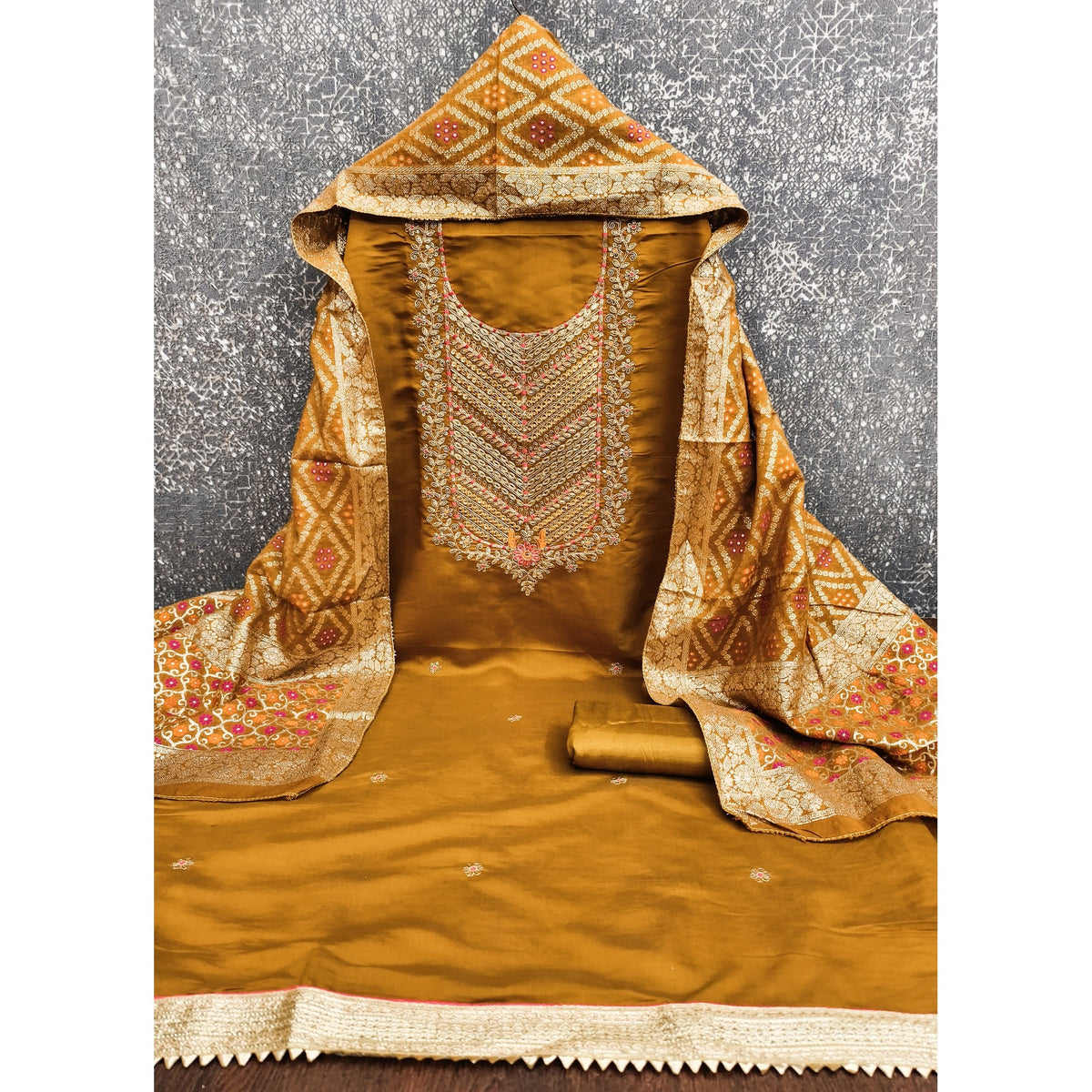 Graceful Mustard Cotton Silk Dress Material With Floral Cording Embroidery & Sparkling Sequins - Image 4