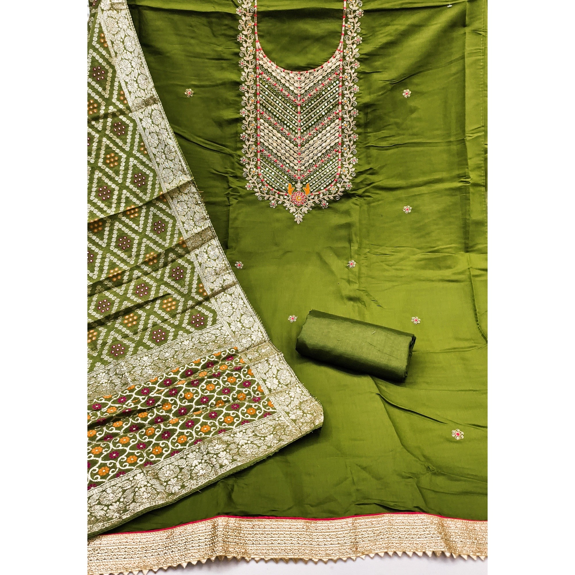 Graceful Green Cotton Silk Dress Material With Floral Cording Embroidery & Sparkling Sequins - Image 3