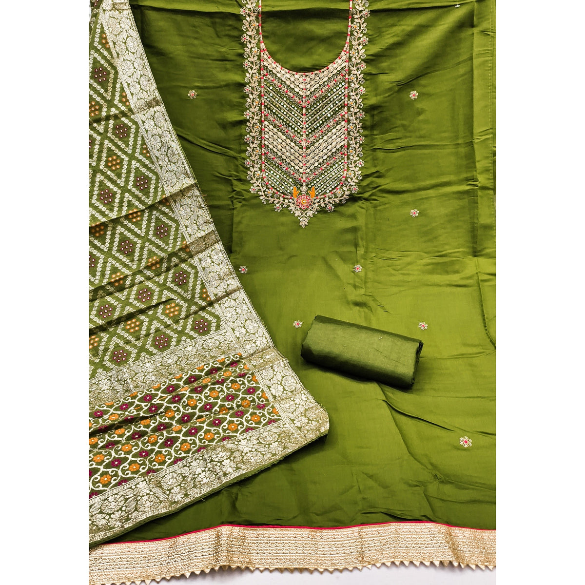 Graceful Green Cotton Silk Dress Material With Floral Cording Embroidery & Sparkling Sequins - Image 4