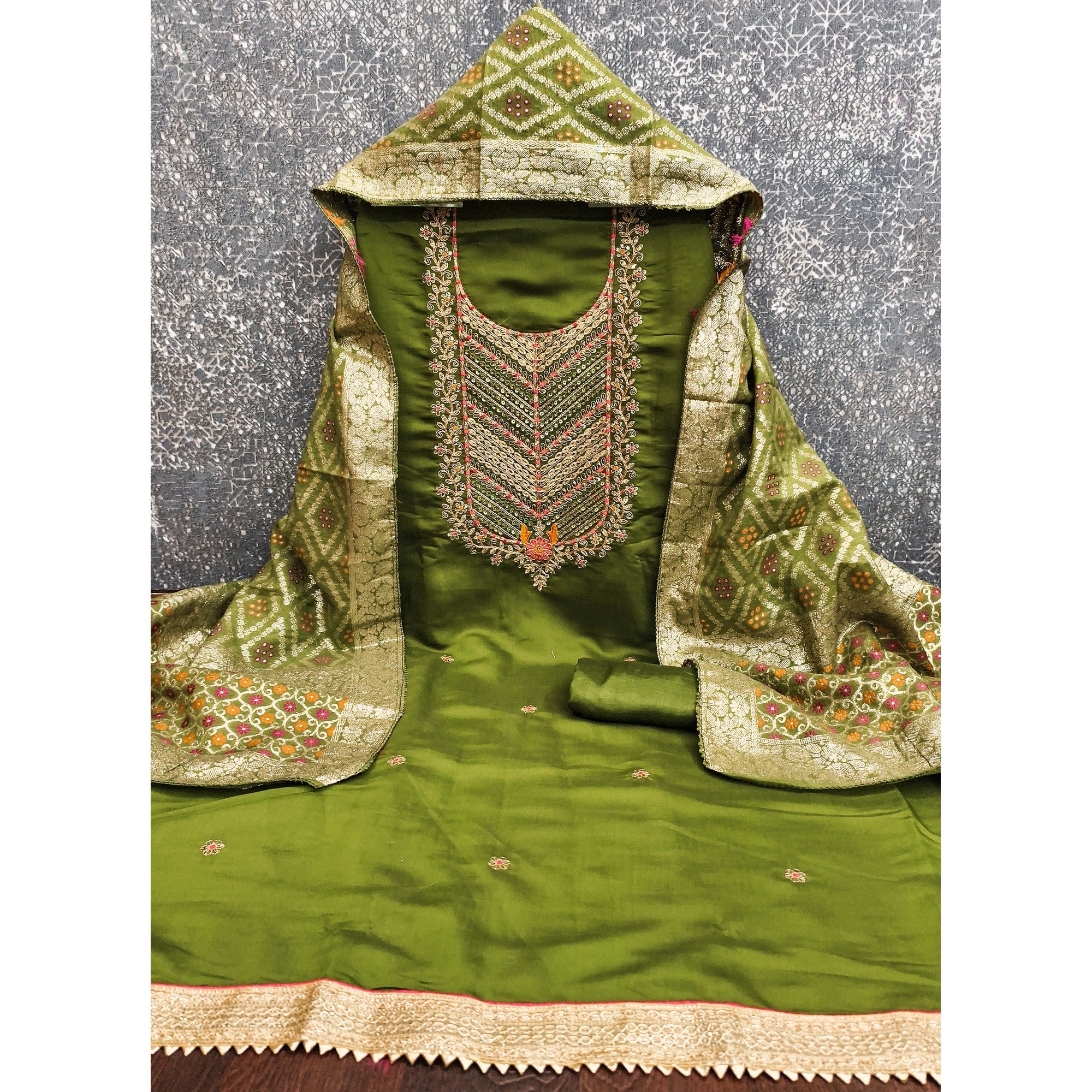 Graceful Green Cotton Silk Dress Material With Floral Cording Embroidery & Sparkling Sequins - Image 3